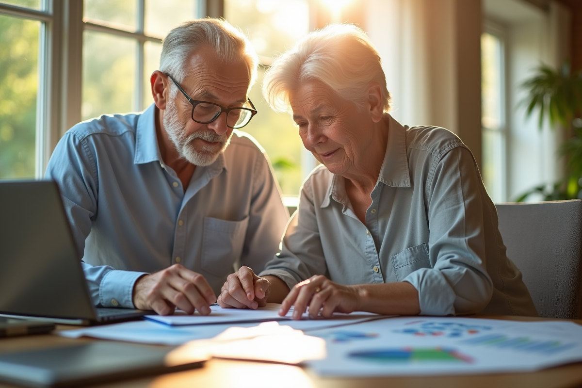 Couple retraité analysant des documents dans un bureau lumineux