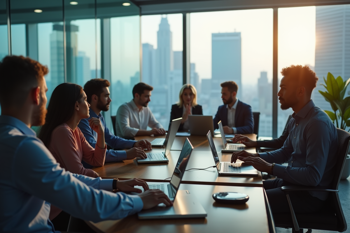 Groupe diversifié discutant de trading crypto dans un bureau lumineux