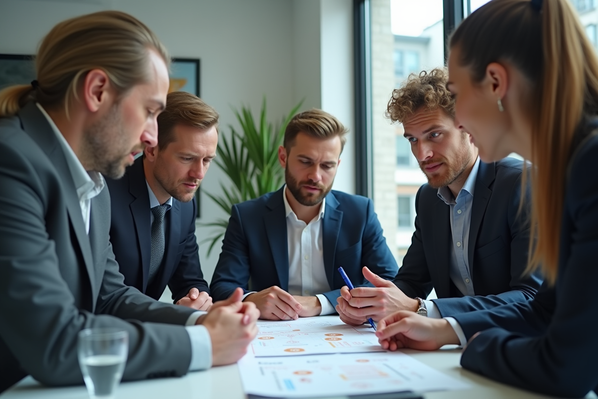 Groupe de professionnels discutant de cryptomonnaies en réunion