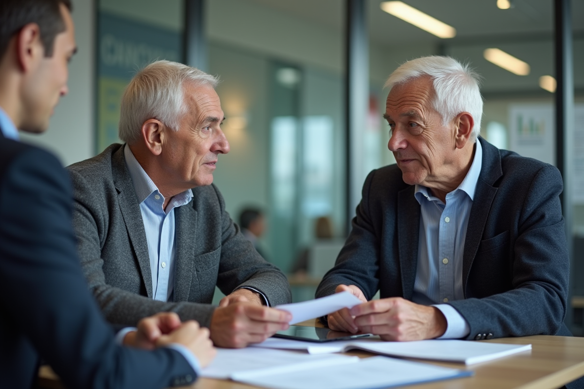 Homme retraité discutant pension avec conseiller en bureau moderne