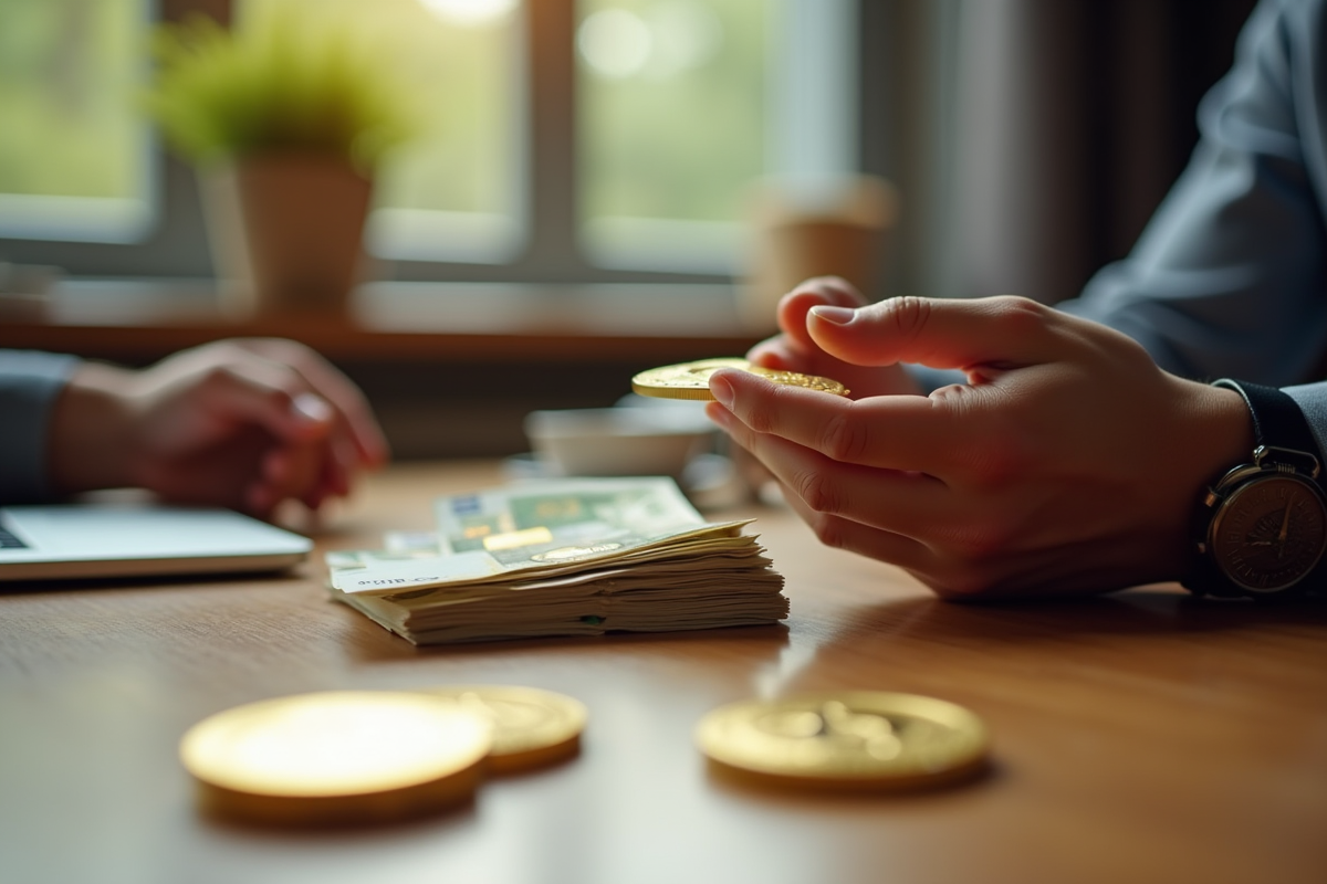 Transaction d'argent liquide contre cryptomonnaie sur table en lumière naturelle