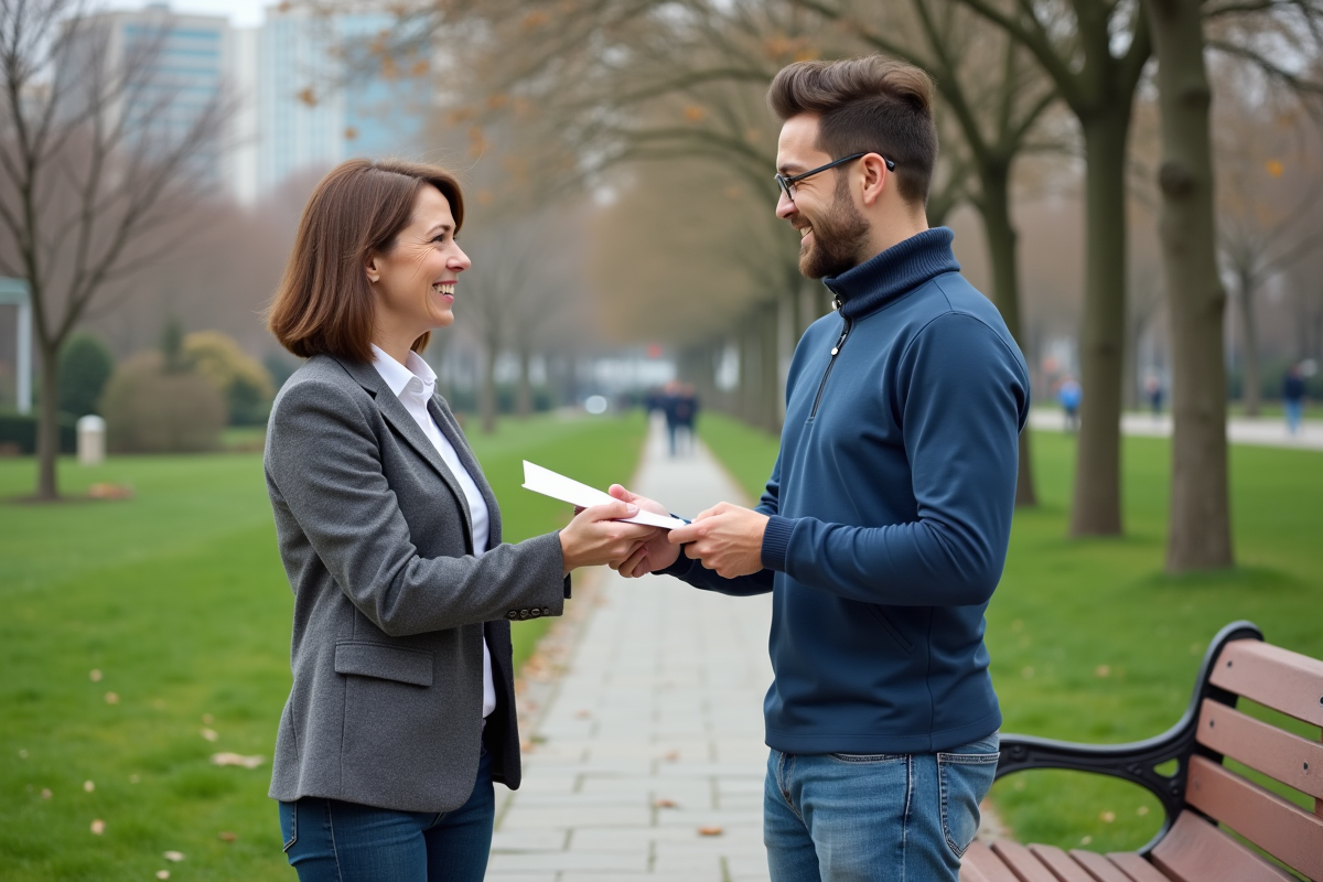 Une femme tend un courrier à un jeune homme dans un parc