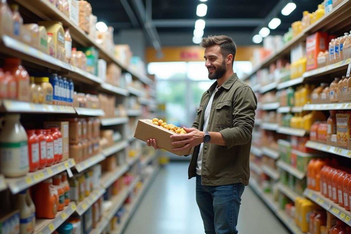Client souriant comparant les prix dans une épicerie lumineuse