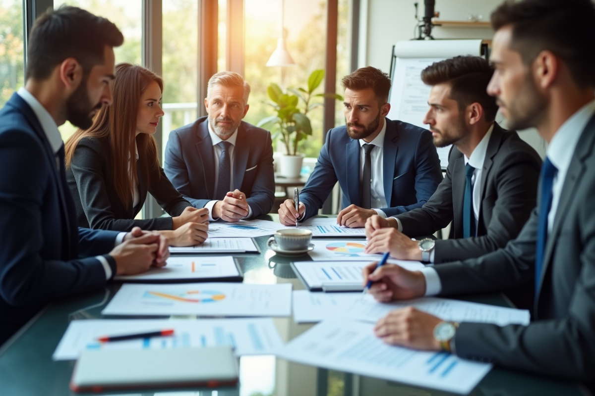 Groupe de professionnels en réunion dans un bureau lumineux