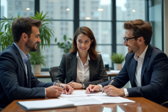 Groupe d'employes d'assurance en réunion de travail