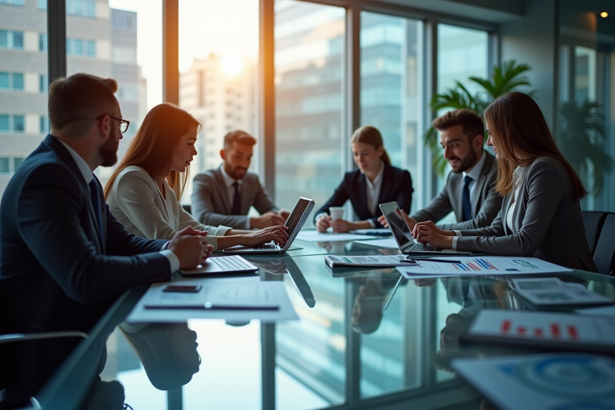 Groupe de professionnels collaborant autour d'une table moderne avec tablettes et graphiques