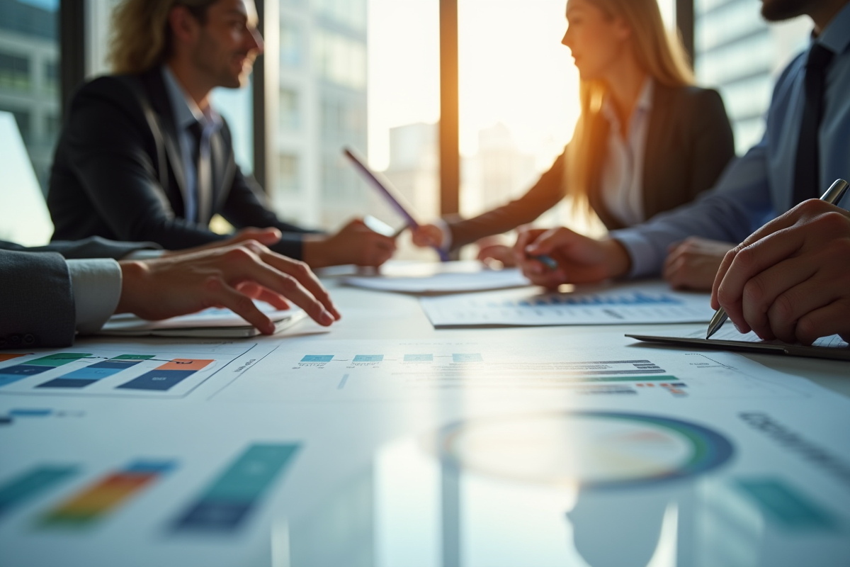 Groupe de professionnels analysant des graphiques financiers en réunion