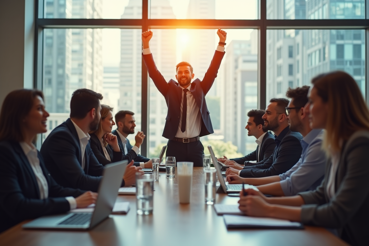 Groupe de professionnels en entreprise en pleine réussite