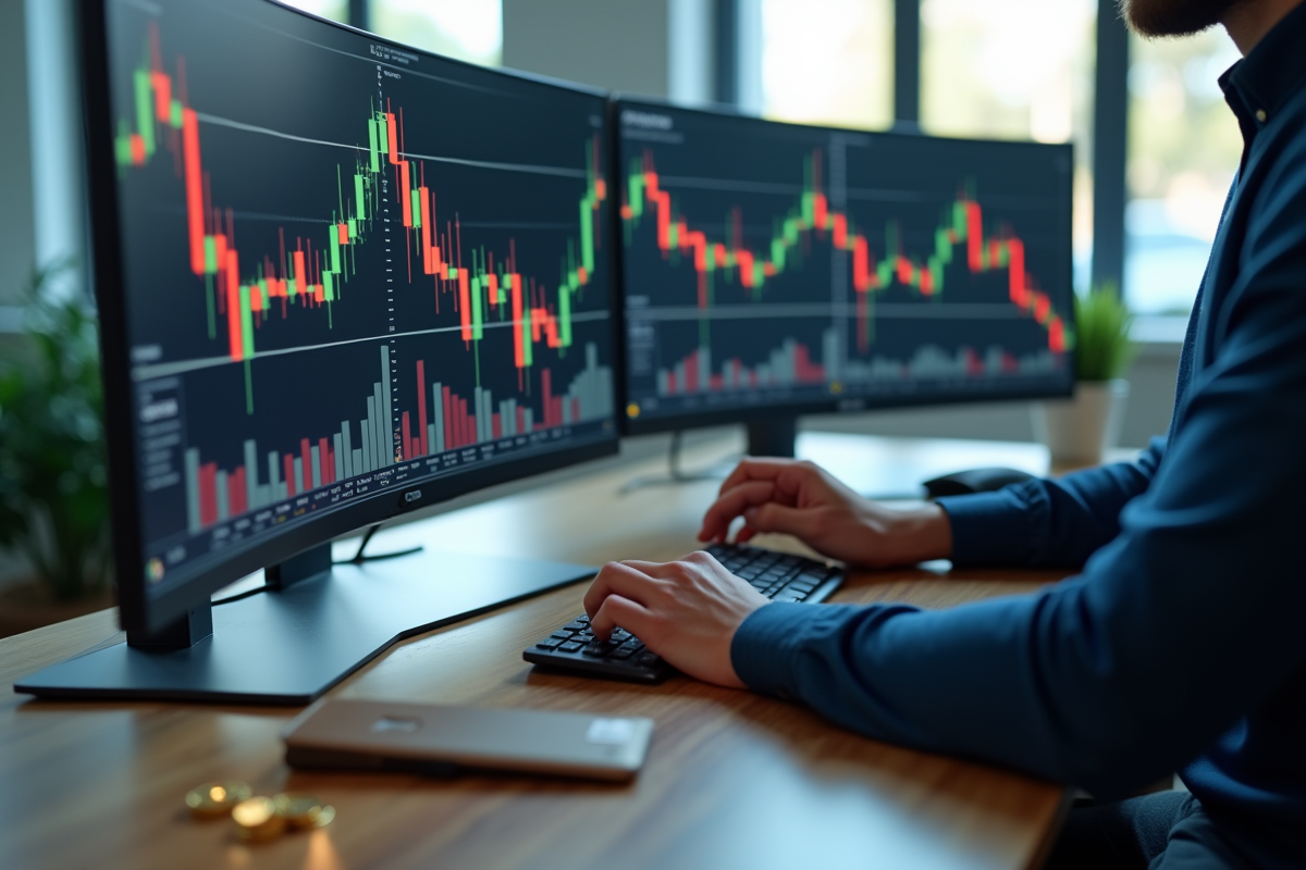 Espace de travail moderne avec graphique crypto et pièces digitales