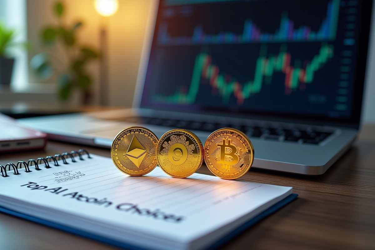 Espace de travail avec monnaies digitales et graphique crypto