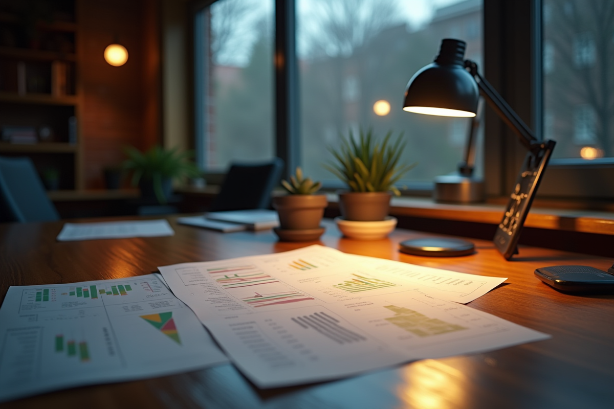 Espace de travail lumineux avec documents financiers et tablette
