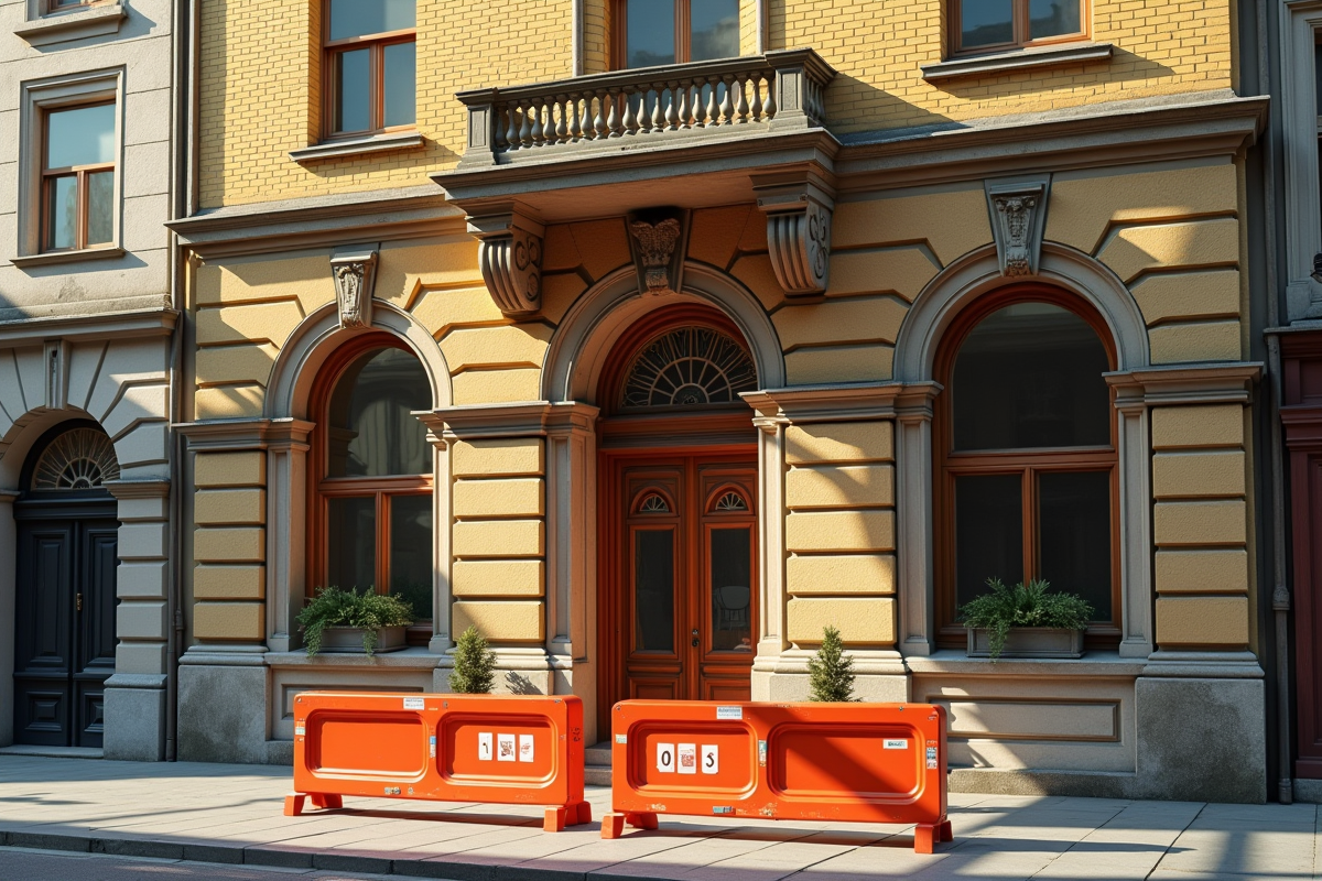 Façade historique restaurée avec barrière de protection