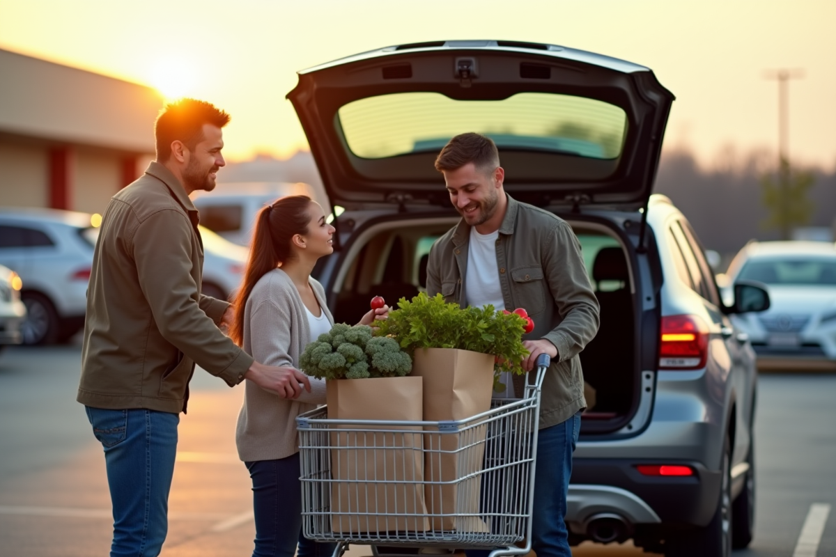 Famille modeste chargeant leurs courses dans la voiture au matin