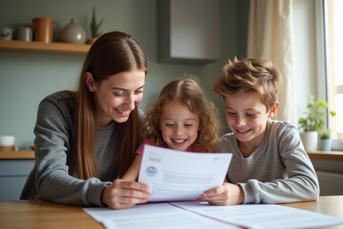Famille jeune lisant des formulaires officiels à la maison
