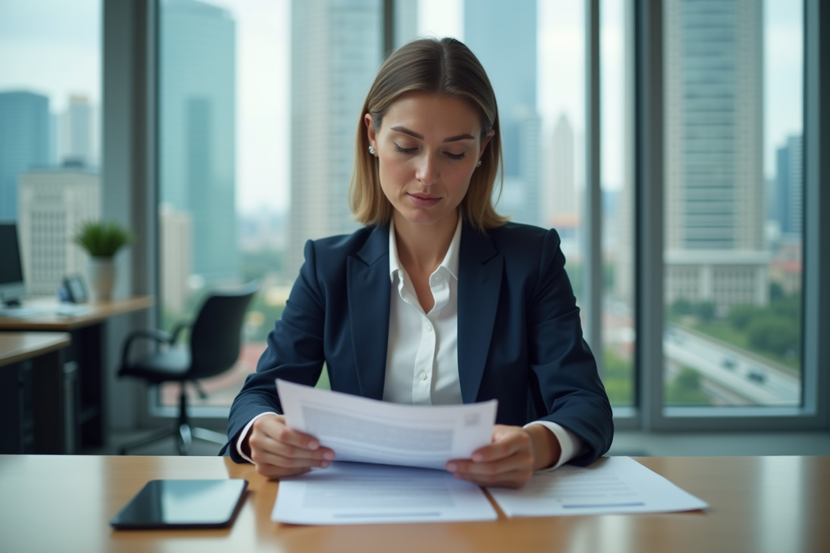 Femme en costume examinant des documents de prêt en banque