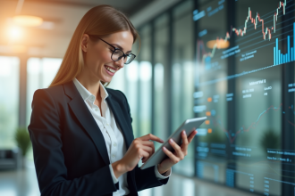 Femme d'affaires confiante analysant des bilans financiers sur une tablette dans un bureau moderne