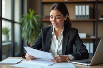 Femme d'affaires examinant des documents de prêt dans un bureau moderne