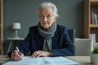 Femme agee contemplant des papiers dans un bureau calme