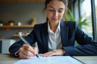 Femme professionnelle en costume bleu examine un contrat d'assurance