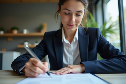 Femme professionnelle en costume bleu examine un contrat d'assurance