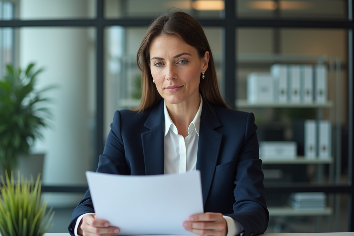 Femme professionnelle en bureau avec dossier d'assurance