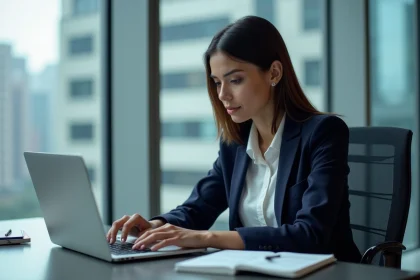 Femme d affaires en bureau regardant des graphiques boursiers