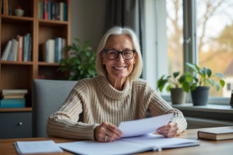 Femme souriante dans son bureau à préparer des documents