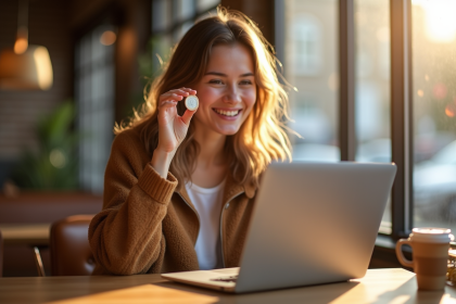 Jeune femme souriante au cafe tenant un coin euro 2