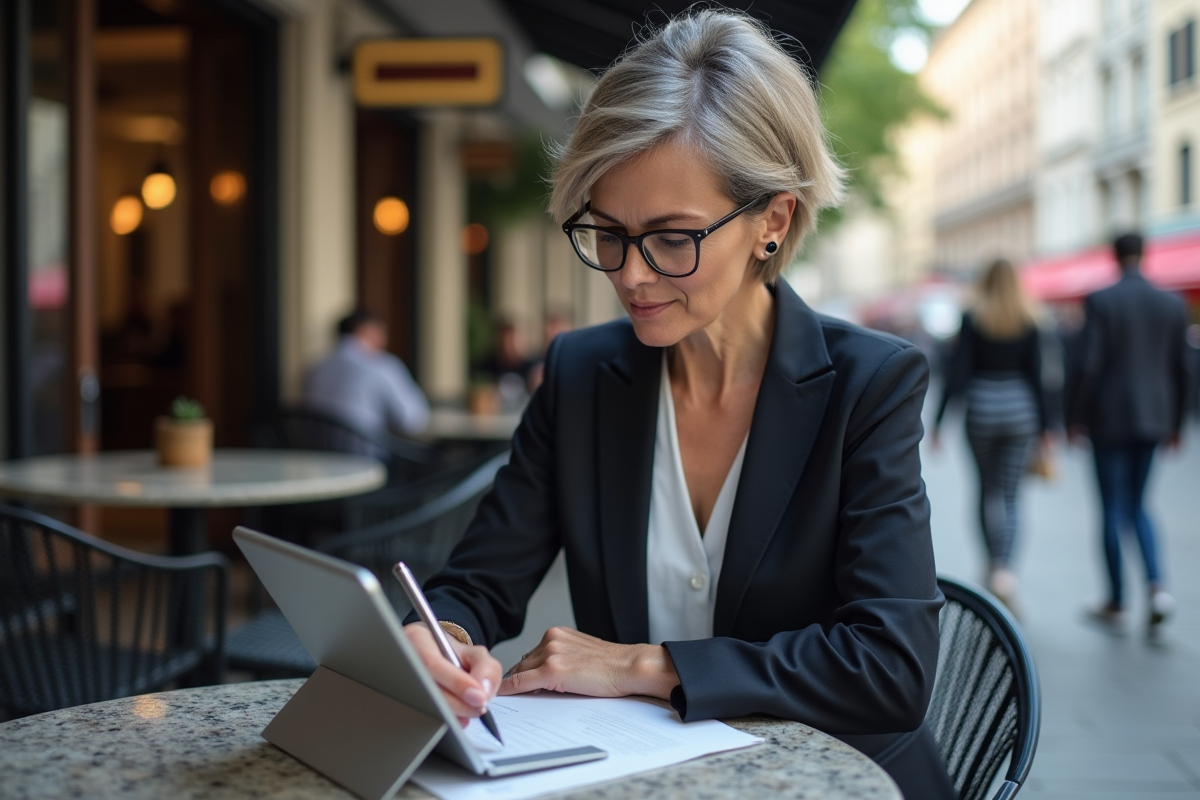 Femme d age moyen analysant crypto sur tablette en café