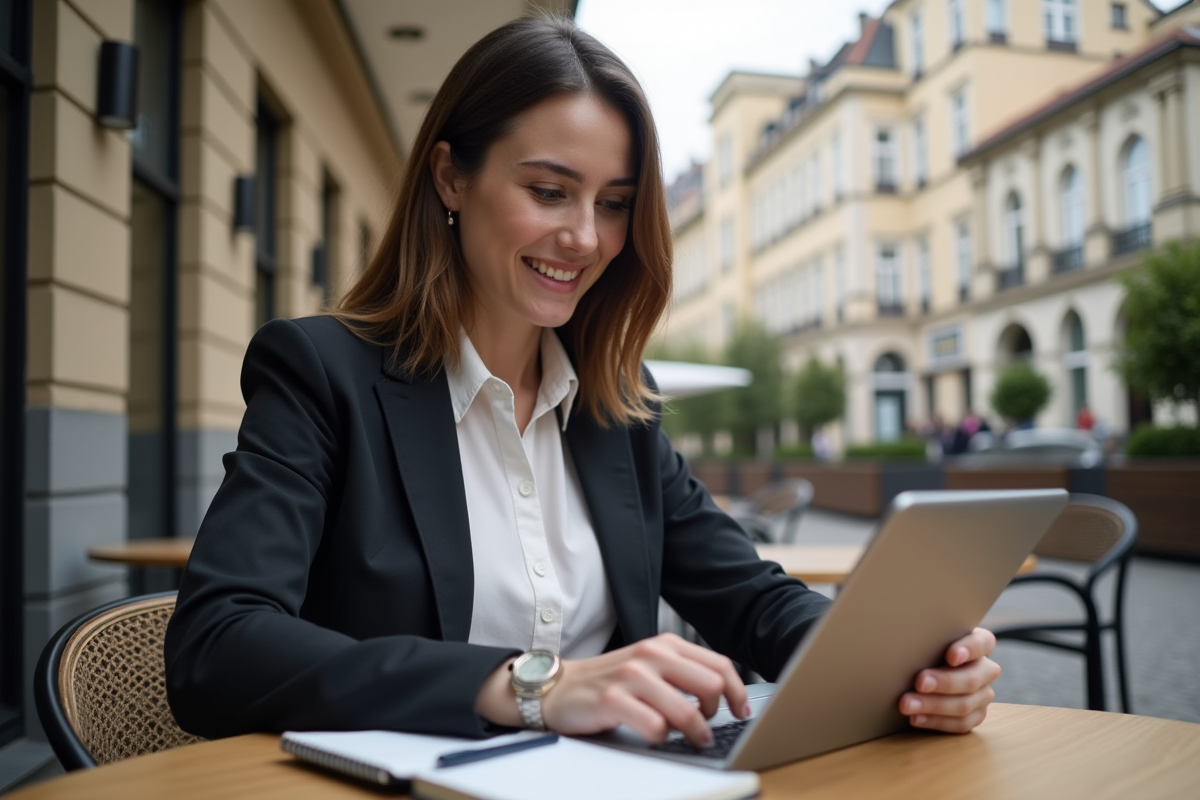 Jeune femme utilisant une tablette en terrasse de café