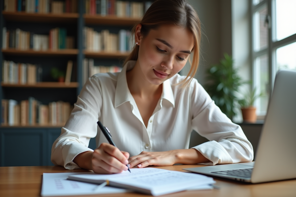 Jeune femme écrivant des calculs d intérêts dans un carnet