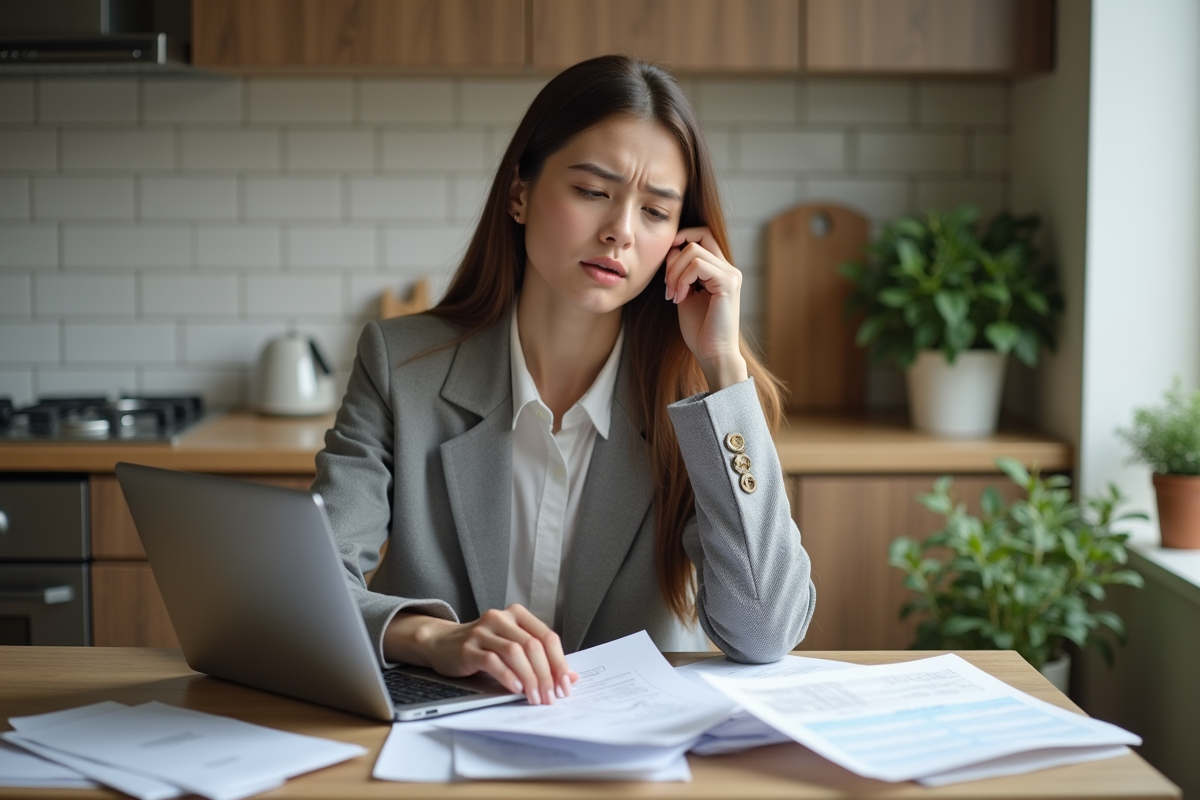 Jeune femme à la maison en train de trier des factures