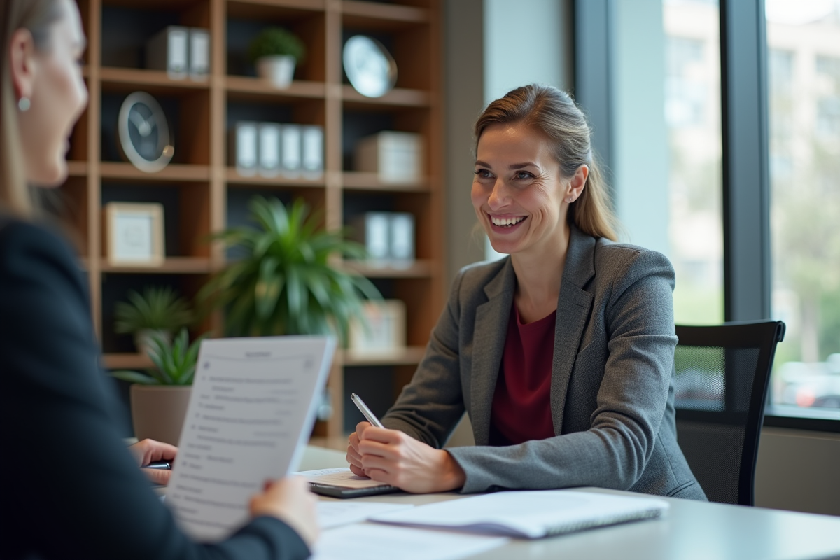 Femme en blazer gris sourit lors d