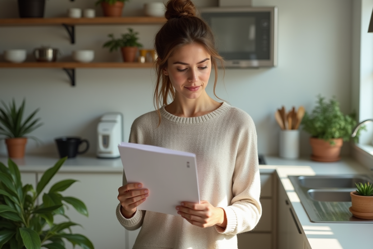 Jeune femme dans une cuisine tenant un contrat de location