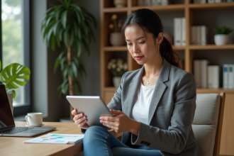 Femme confiante regardant des graphiques financiers sur tablette