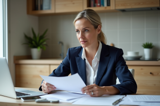 Femme française en costume noir examine ses papiers dans la cuisine