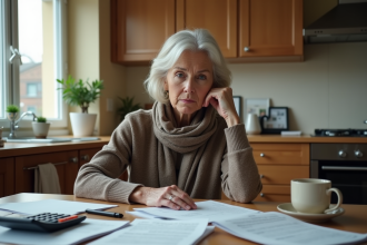 Femme âgée réfléchissant à ses papiers dans la cuisine