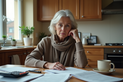 Femme âgée réfléchissant à ses papiers dans la cuisine
