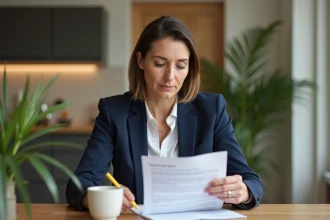 Femme de 40 ans lisant attentivement un contrat d'assurance à table avec un surligneur, ambiance intérieur maison contemporaine française