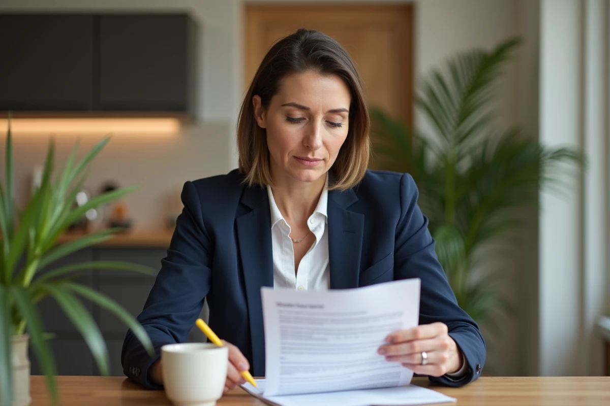 Femme de 40 ans lisant attentivement un contrat d'assurance à table avec un surligneur, ambiance intérieur maison contemporaine française