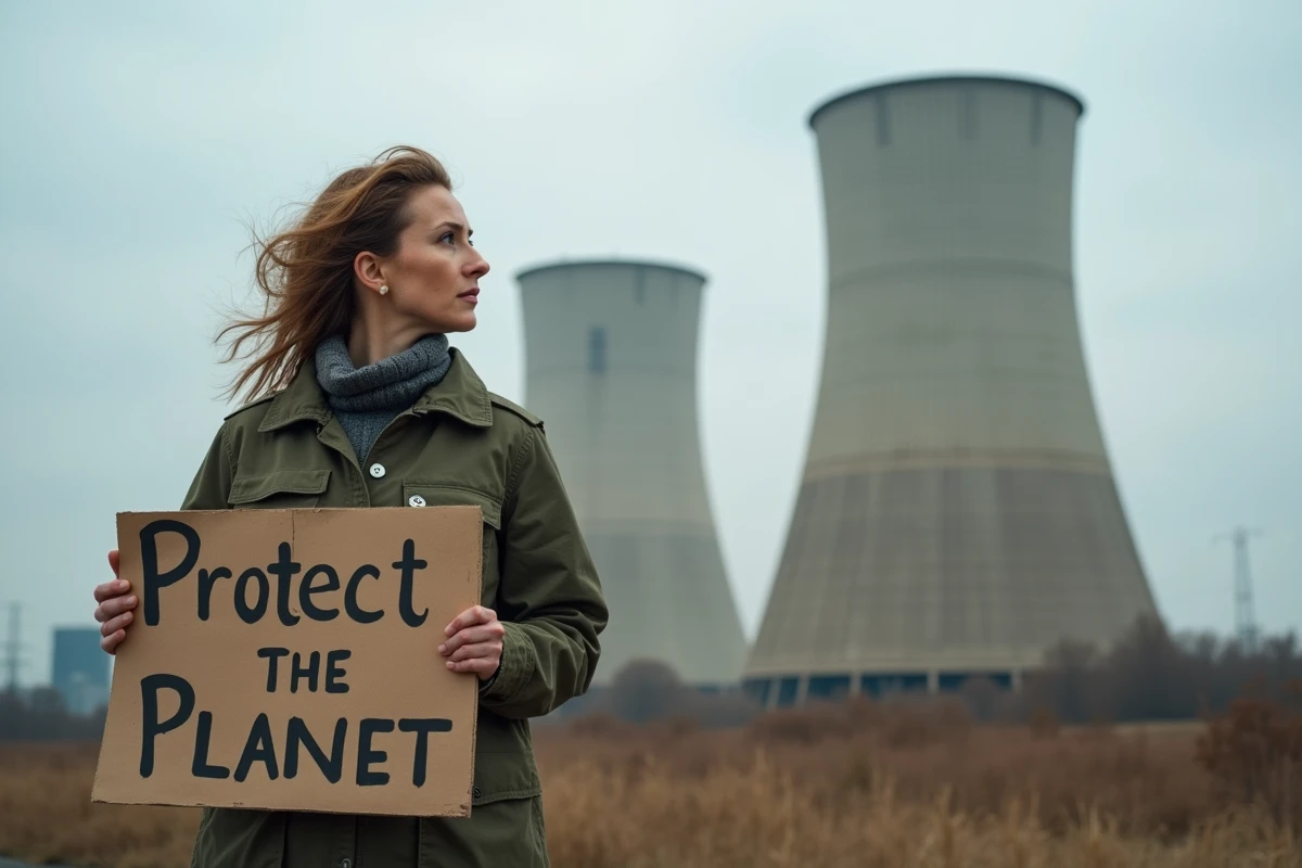 Femme avec pancarte protestant contre la pollution industrielle