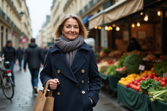 Femme française en trench et sac réutilisable au marché parisien