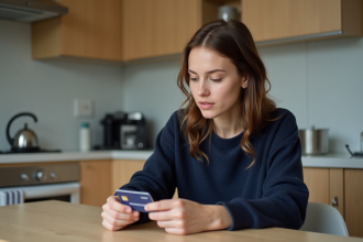Jeune femme examine une carte prépayée à la cuisine