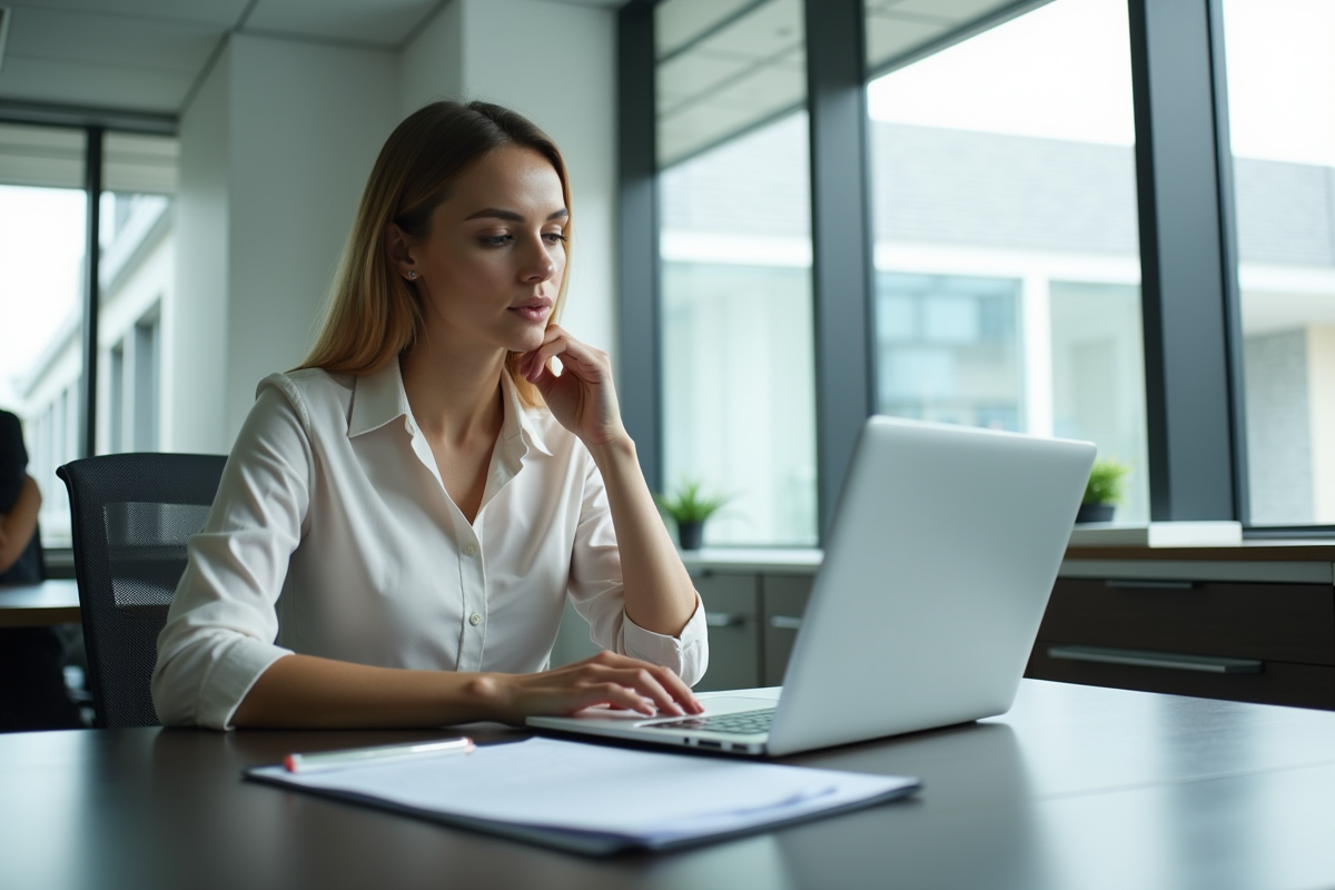 Femme professionnelle travaillant à un bureau lumineux