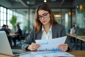 Jeune femme professionnelle analysant un rapport financier