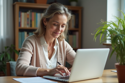Femme d'âge moyen travaillant sur un formulaire de retraite à domicile