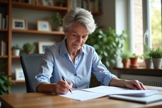 Femme d'âge moyen examinant des papiers de pension à domicile