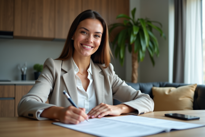 Femme professionnelle examine des contrats de location dans une cuisine moderne