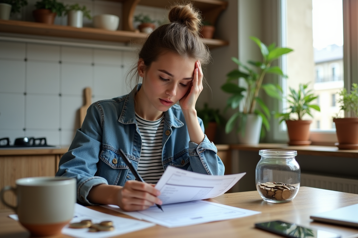 Jeune femme vérifiant ses relevés bancaires à la maison