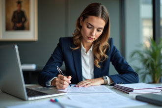 Femme professionnelle remplissant une matrice SWOT au bureau